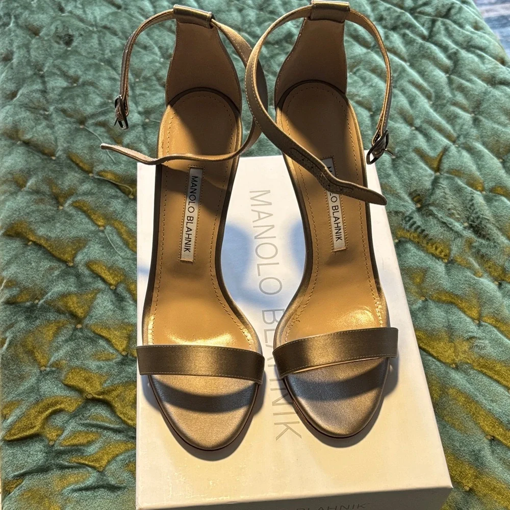 Manolo Blahnik Metallic Satin Ankle-Strap Stiletto Sandals - Picture 2 of 12